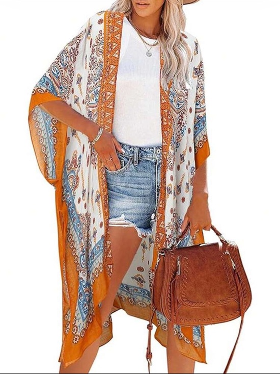 None Tops - Boho Paisley Kimono Duster in White and Mustard